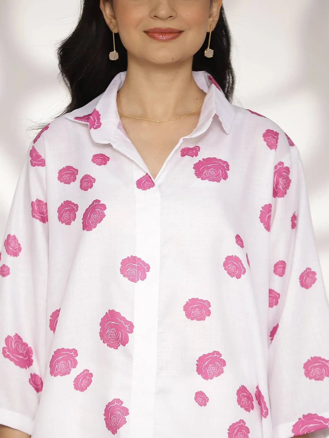 White&Purple FloralCottonSlub ShirtTop