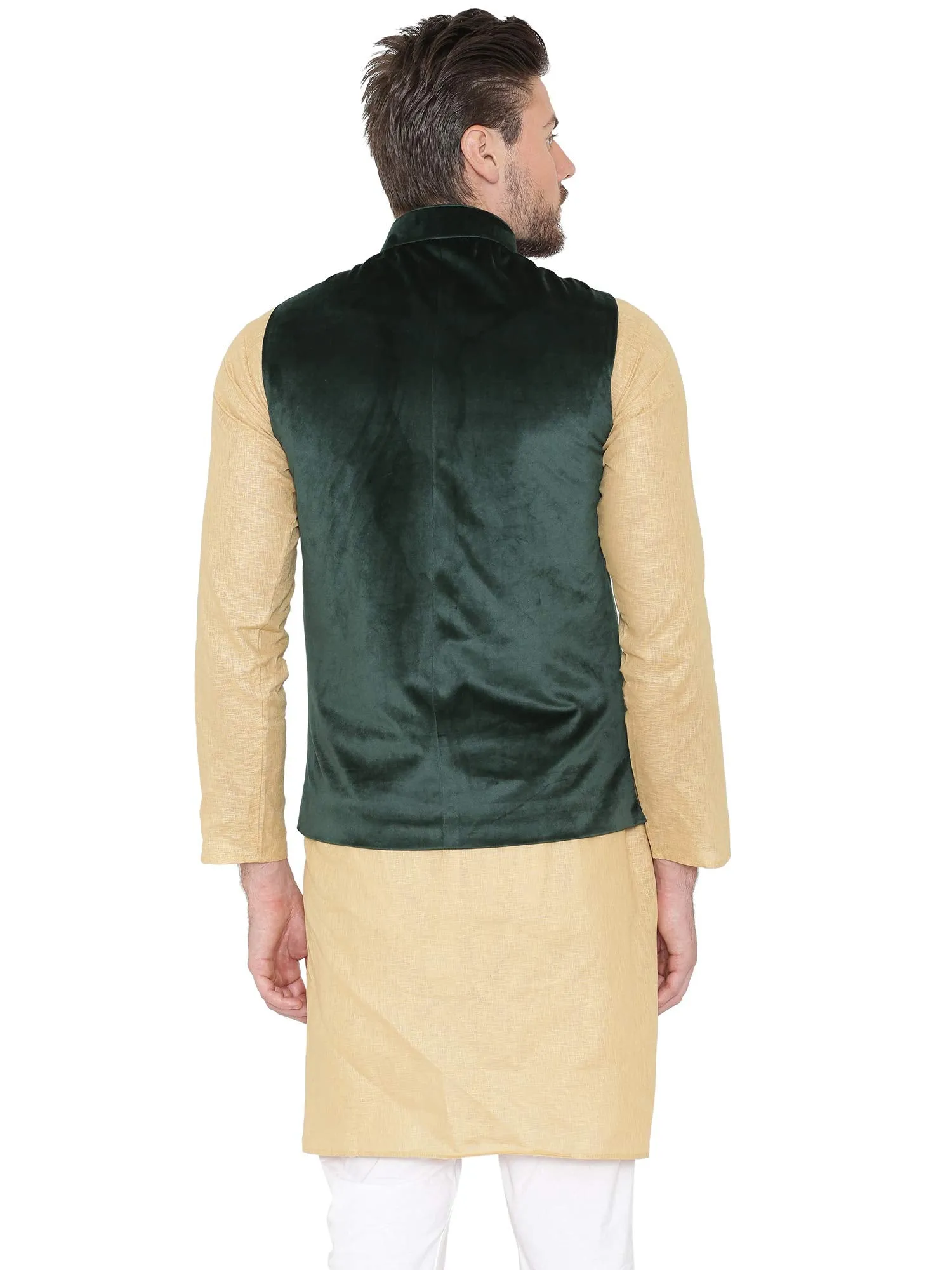 WINTAGE Men's Velvet Dust Free Casual and Festive Nehru Jacket Vest Waistcoat : Dark Green