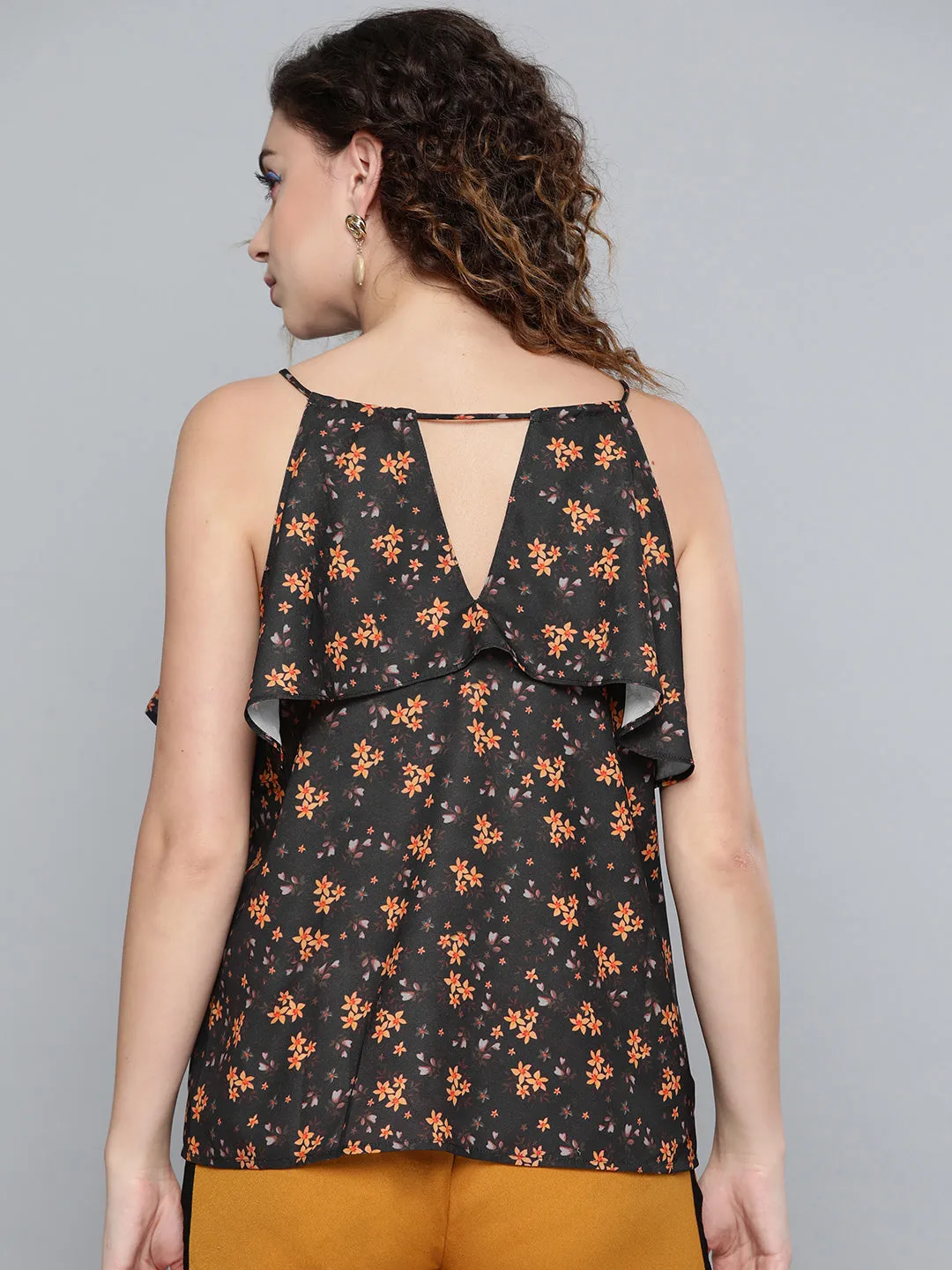 Women Black Ditsy Floral Halter Neck Top