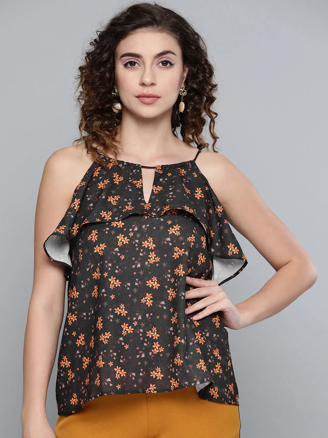 Women Black Ditsy Floral Halter Neck Top