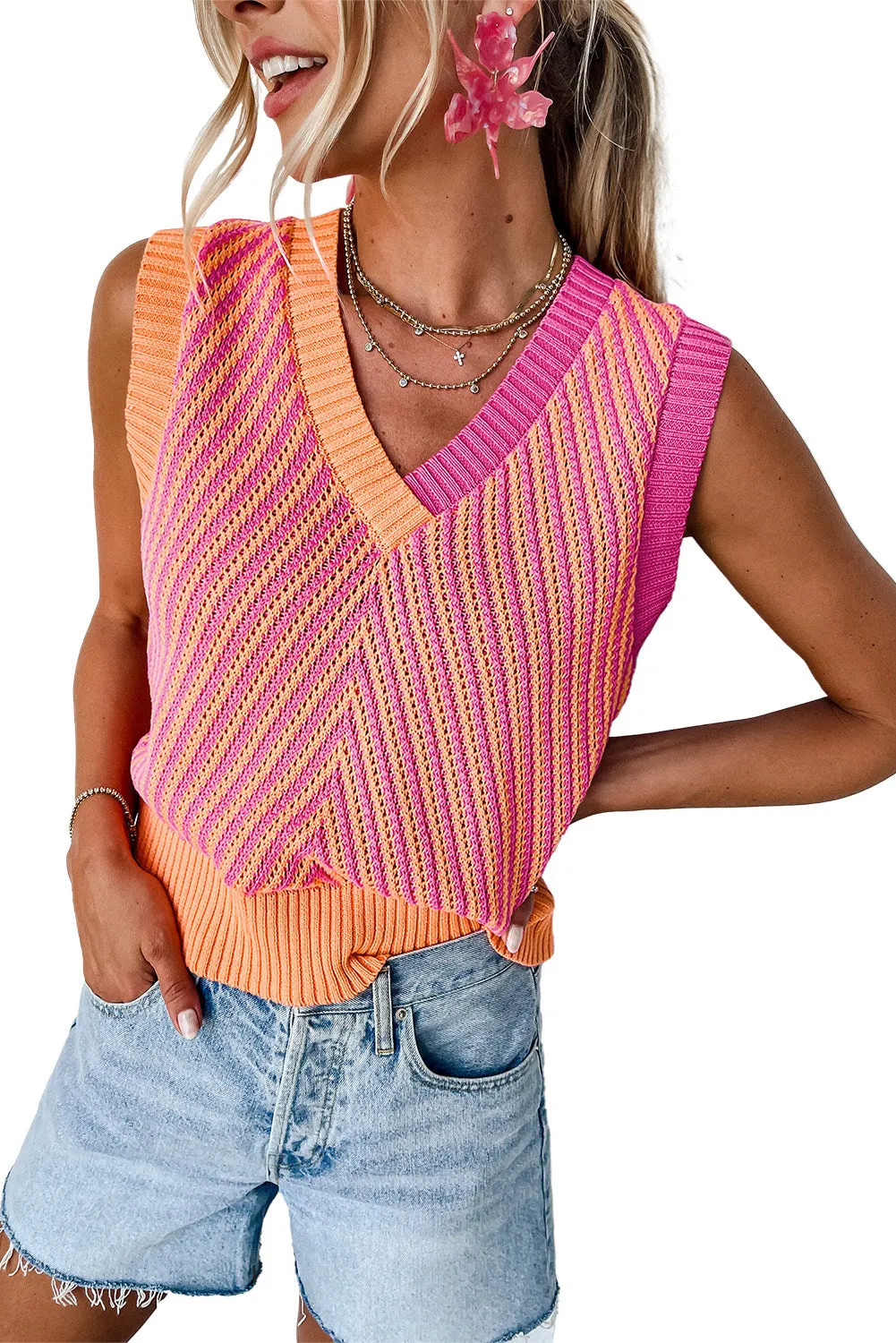 Women Contrast Chevron Knit V Neck Sweater Vest