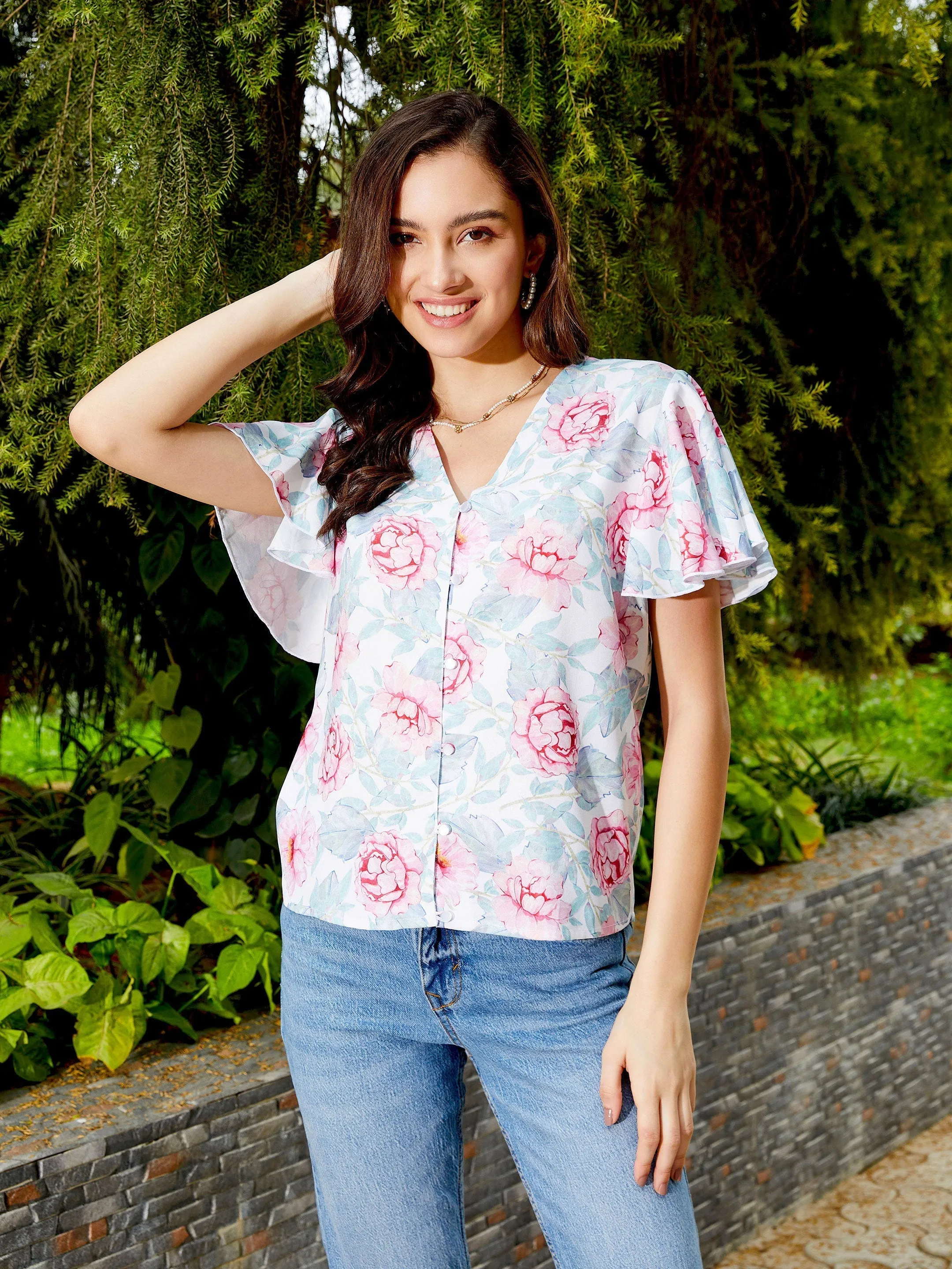 Women Pink Floral Front Open Regular Top