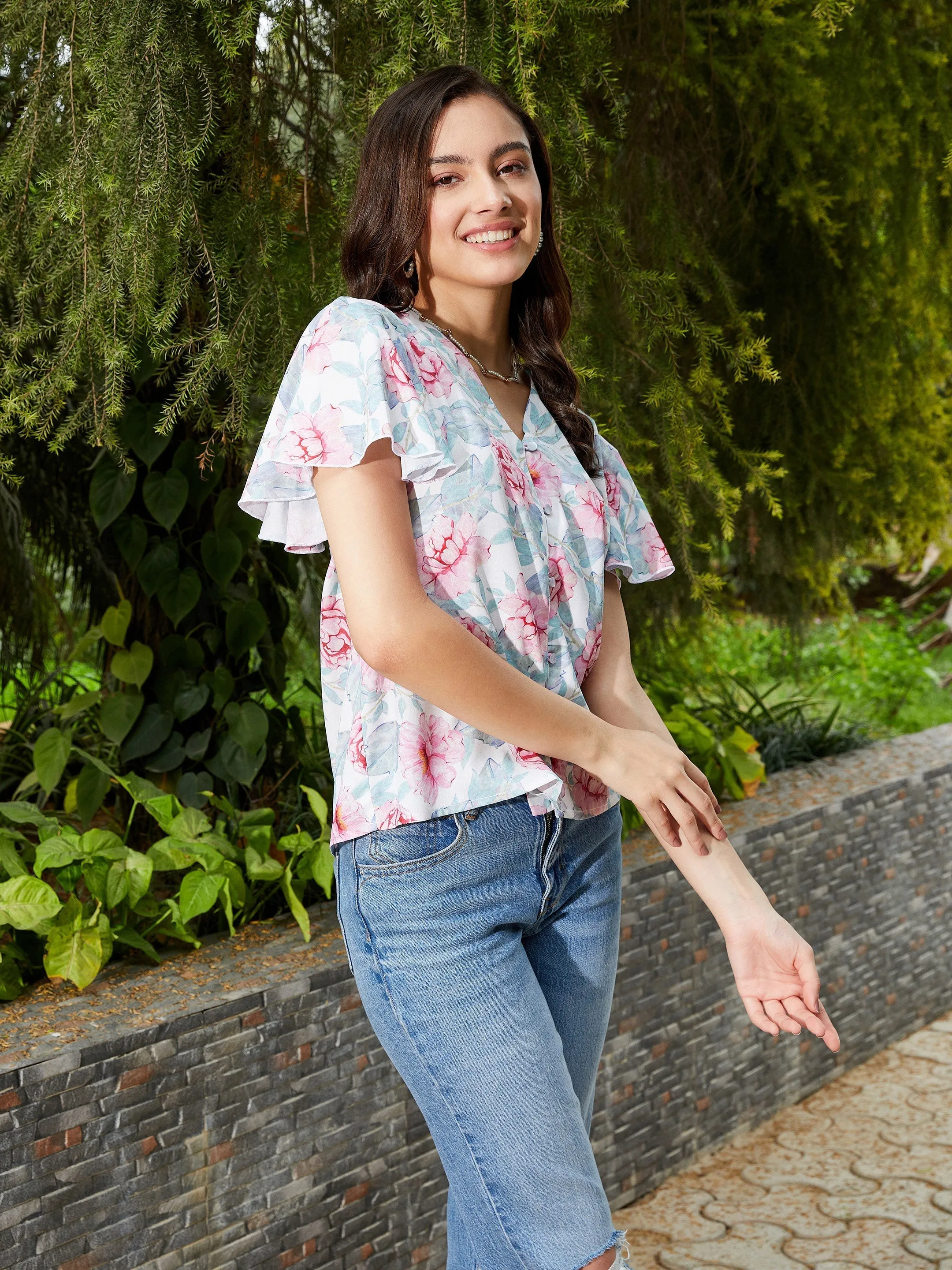 Women Pink Floral Front Open Regular Top