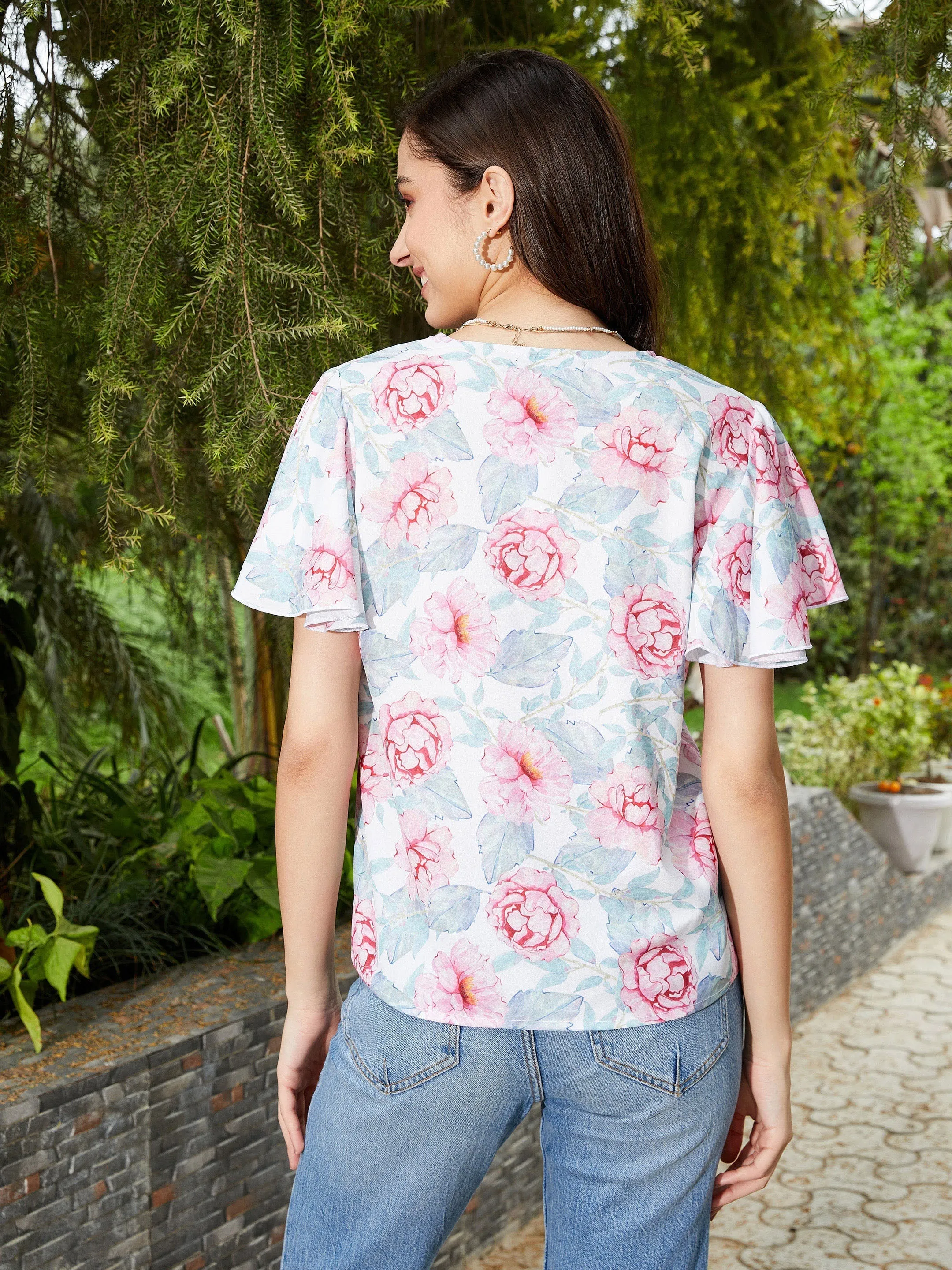 Women Pink Floral Front Open Regular Top