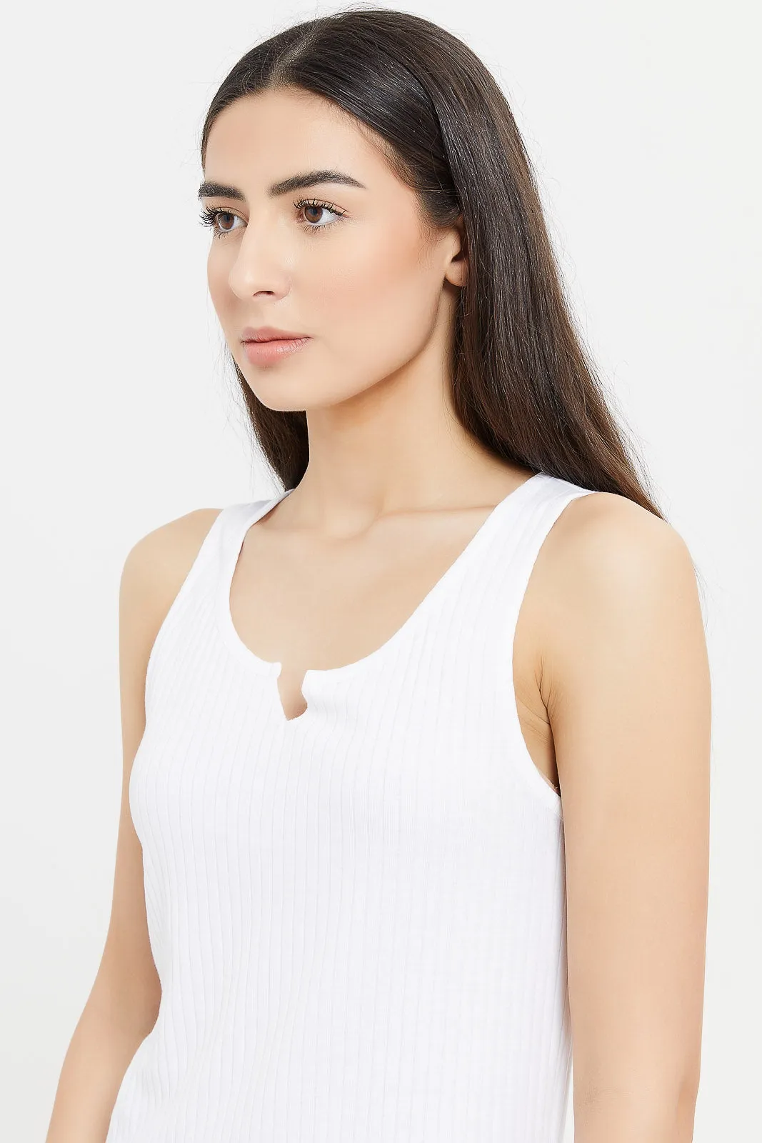 Women White V-Neck Sleeveless Vest